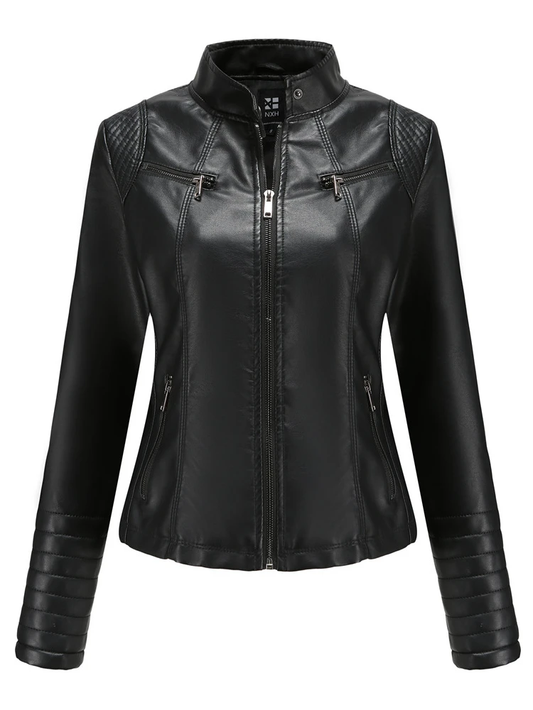 Fashion Stand Collar Long Sleeve Black Leather Jackets Women 2022 New Autumn Casual Zipper PU Thin Motorcycle Jacket Streetwear