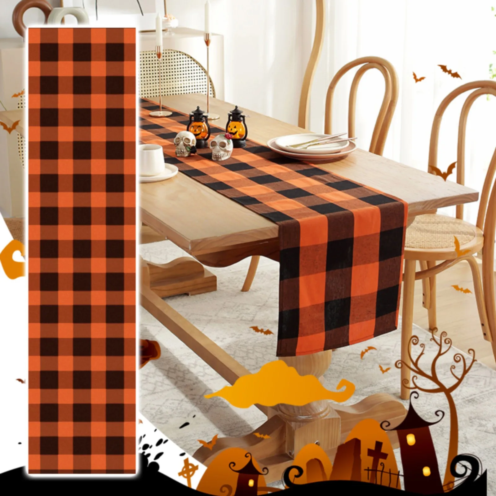 

Linen Orange Black Plaid Table Runner Tablecloth Farmhouse Fall Halloween Home Kitchen Table Decorations (Orange Thankful Table