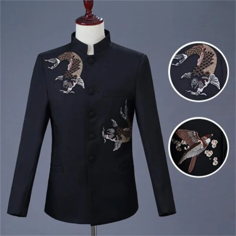 

Black blazer men Chinese tunic suit jacket embroidered stand collar chorus stage costume host abiti da cerimonia uomo singer