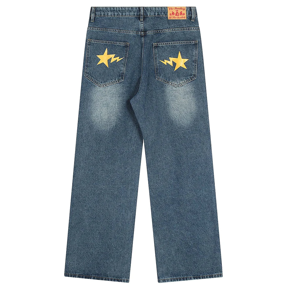 Baggy Jeans Streetwear Hip Hop Jeans Smile Face Star Men Black Blue Loose Straight Denim Pants Luxury Designer Harajuku Jeans