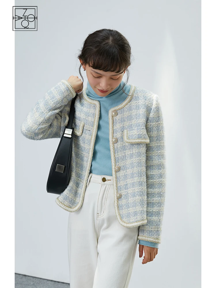 

Женское шерстяное пальто ZIQIAO, маленькие очаровательные пальто синего цвета с круглым вырезом, свободные твидовые топы, женские зимние курт...