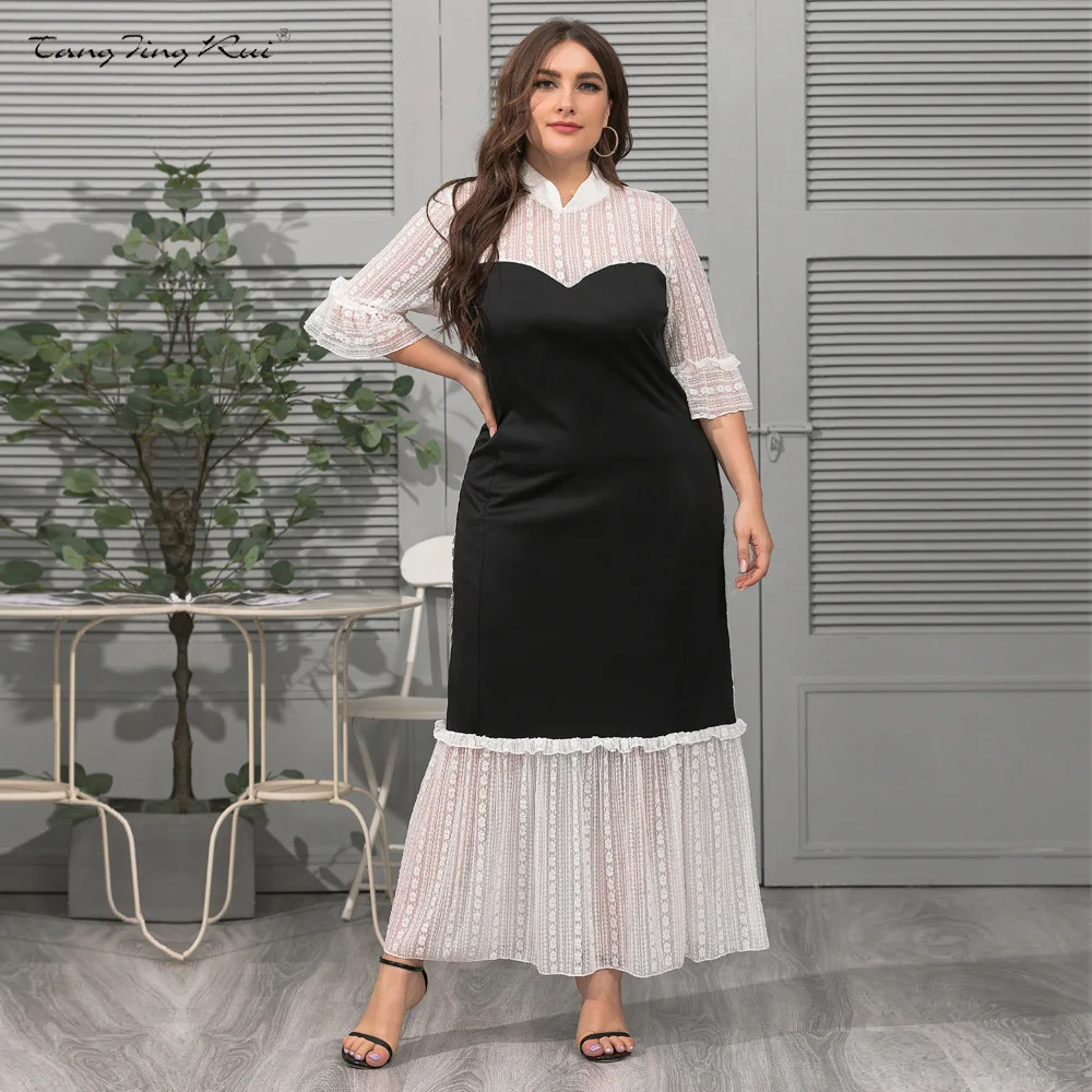 

2022 Women's Plus-size Women's Clothing In Spring and Summer Fashion Collar Lace Stitching Easy Temperament Lady Dress