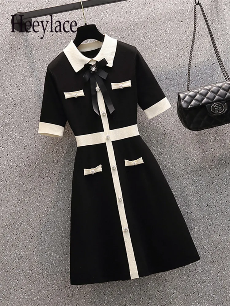 

Summer Dresses For Women Knitted Sweater Dress Bow Tie Button Vintage Party Mini Dress Elegant Casual Vestido Feminino
