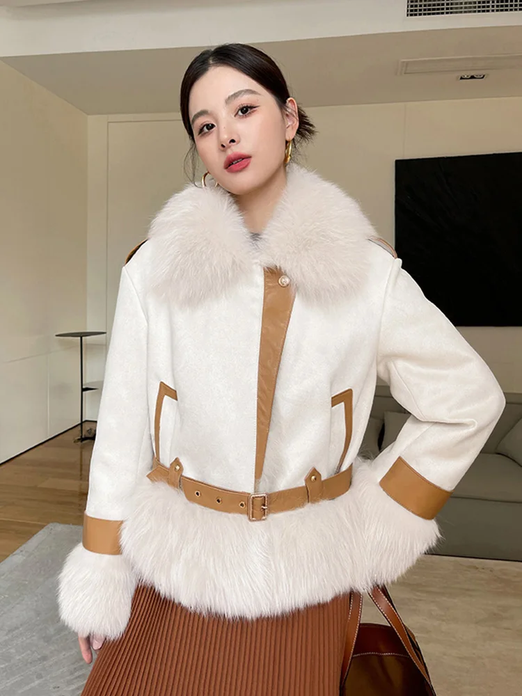 Women Real Fur Coat Autumn Winter Chic Turn-down Collar Fox Fur Patchwork Suede Fur Jacket Loose Goose Down Filling Outerwear