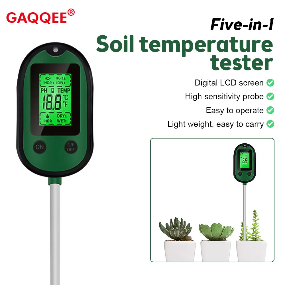 

5 in 1 Soil PH Meter Sunlight PH Tester Temperature Humidity Acidity Meter Moisture Test Analyzer Tool for Gardening Plants Farm