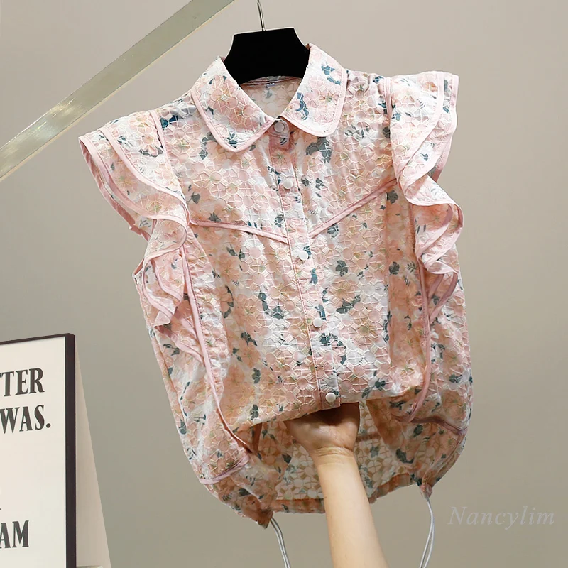 

Women's Sleeveless Blouse 2022 Fashion Ruffles Drawstring Embroidered Small Floral Print Shirt Casual Ladies Tops Summer Spring