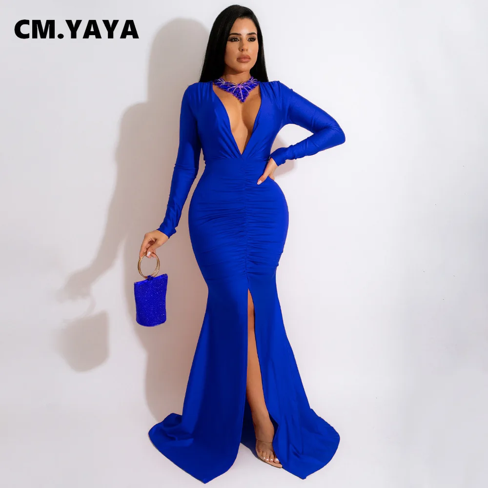 Женское облегающее платье макси CM.YAYA длинное с длинным рукавом рюшами Высоким