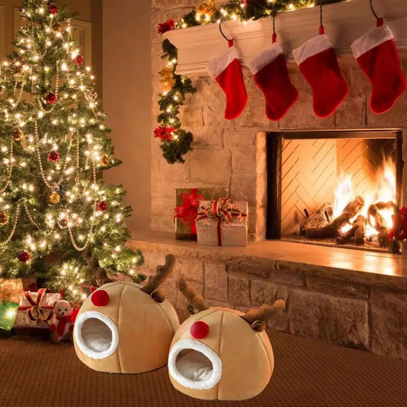 

Cat Bed Cave Reindeer Shape Cave Cat House Soft Plush Pet Bed Cozy For Indoor Cats And Kittens Christmas Gifts Winter Cat