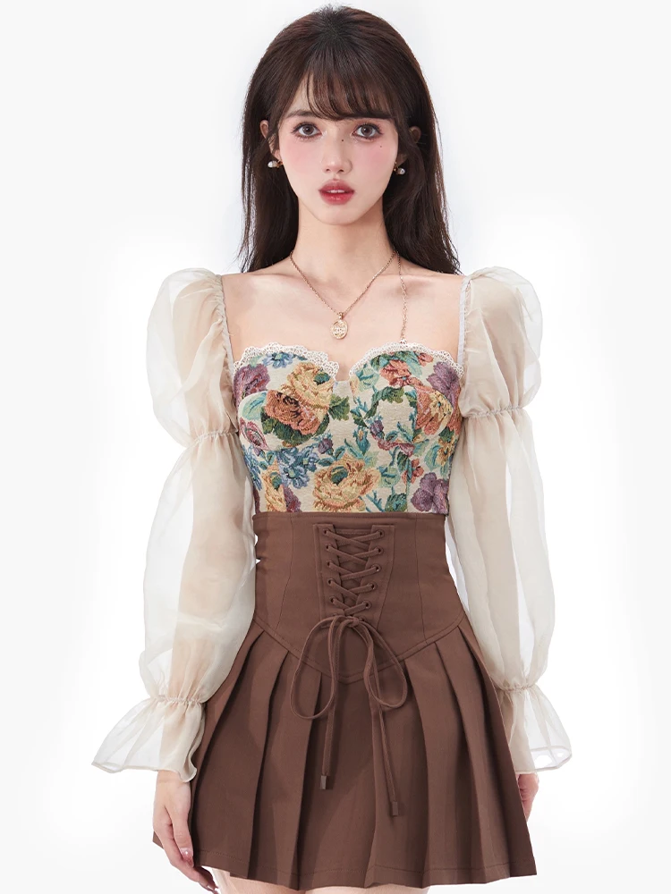 

Evening Party Fashion Suits 2022 Summer Dress Set Women Elegant Blouse Y2k Crop Top Vintage Corset Tops + Mini Skirts 2 Piece