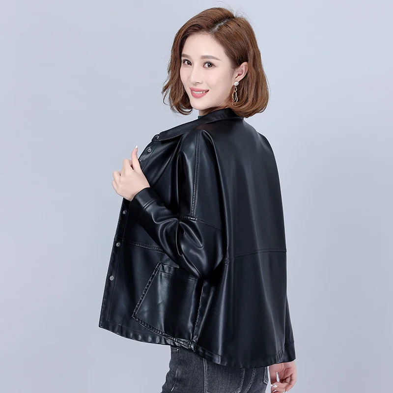 KoHuiJoo  Leather jacket Women 2022 Spring Autumn New Mother Fashion Loose Outerwear Long Sleeve Pocket Design Women's Coat Red