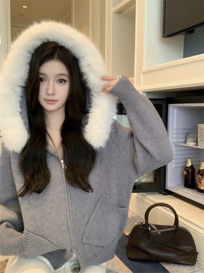 KUSAHIKI меховой свитер с капюшоном для женщин осень-зима вязаный кардиган двойной
