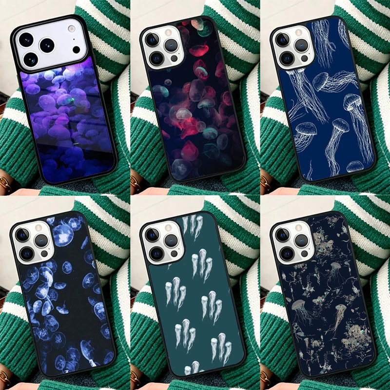 Фото Противоударный чехол для iPhone 17 Air 16e 15 11 12 14 13 Pro Max с принтом медуз, темно-синий №1