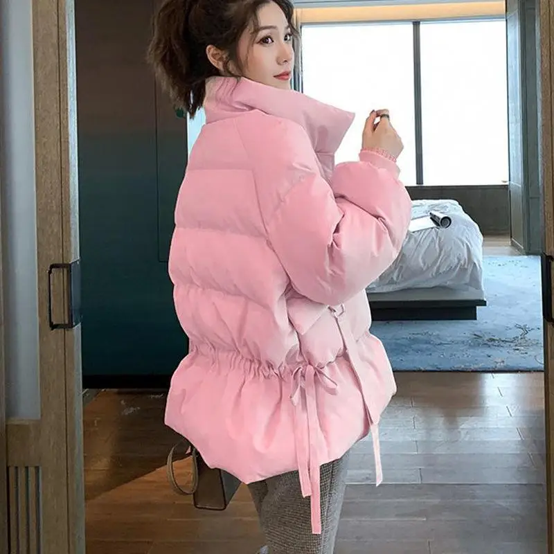 Women Short Korean Style Loose Winter Coats Cotton-Padded Thickening Jackets Down Quilted Velvet Waisted Overcoat Outwear Female