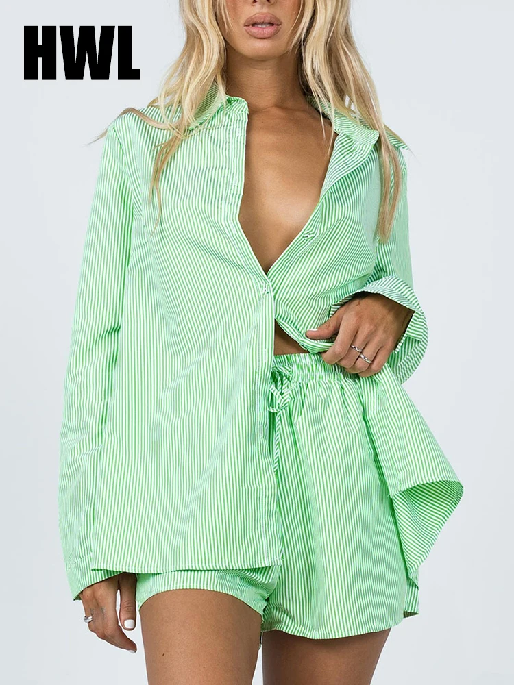

2022 Summer Beach Sportswear Two Piece Shorts Suit Striped Long Sleeve Shirt Tops+Wide Leg Pants Shorts Suit Two Piece