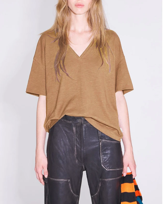 

2023 Casual Solid Loose V-Neck T Shirts Women Summer Basic Cotton T-Shirt Female Korean Tee Shirt Khaki Y2k Tops Soft