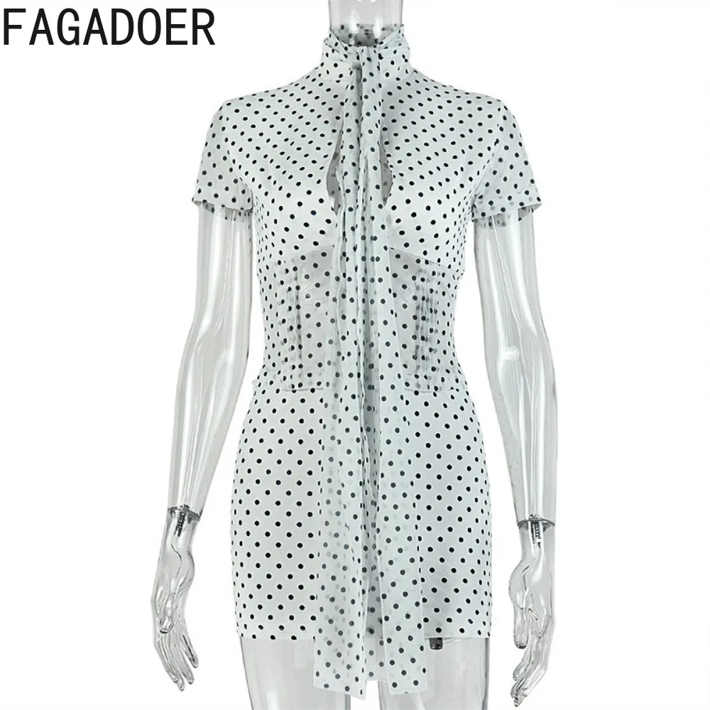 Фото Комплект из 3 предметов FAGADOER: сексуальный топ с воротником-стойкой и рюшами, мини-юбка и шарф в горошек для женщин, уличный стиль №5