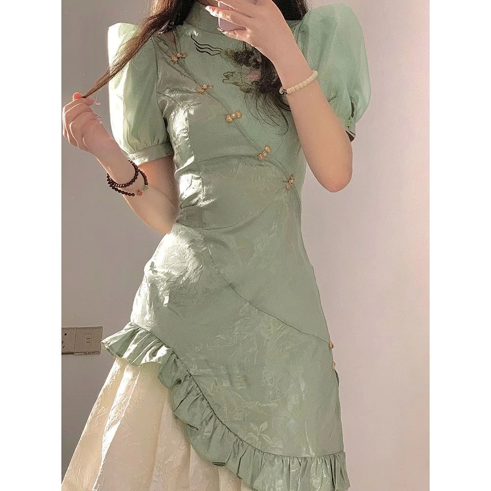 Двуслойное улучшенное платье Ципао с рукавами-фонариками новое приталенное в