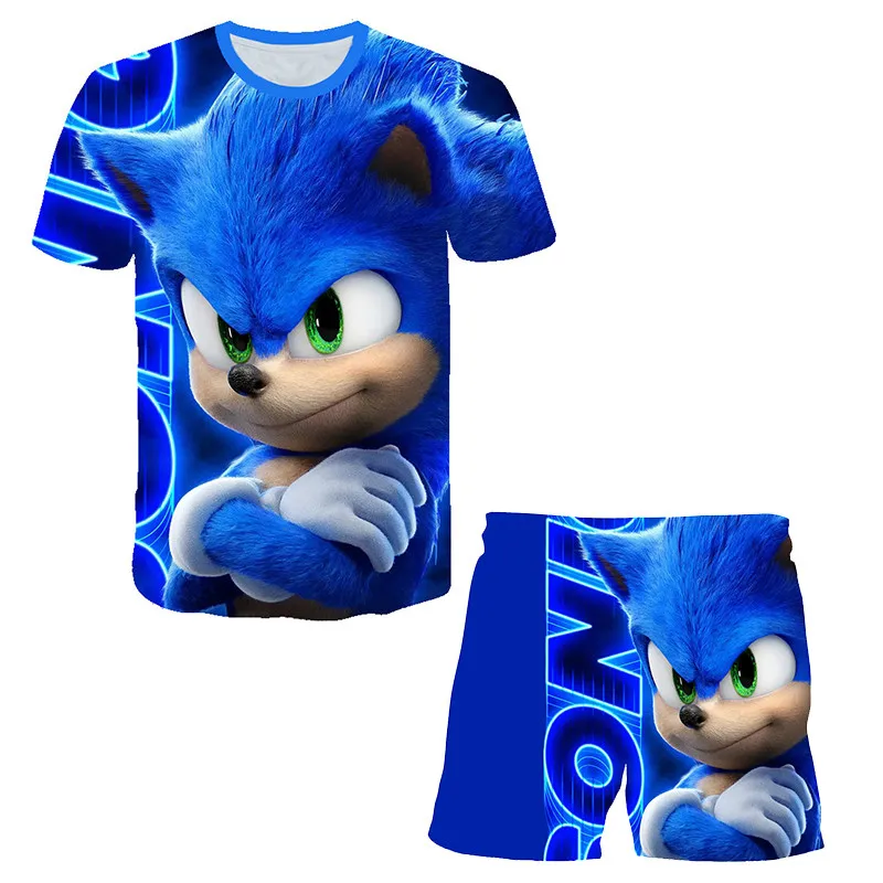 Sonic Set T-shirt boy and girl 3D children's shorts sports boy T-shirt top and shorts Children's clothing suit top+pants suit