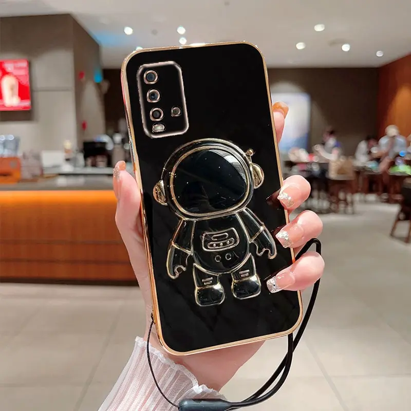 

Phone Case for Xiaomi Redmi 9T Luxury Plating Astronaut Fold Stand With Lanyard Phone Case Cover