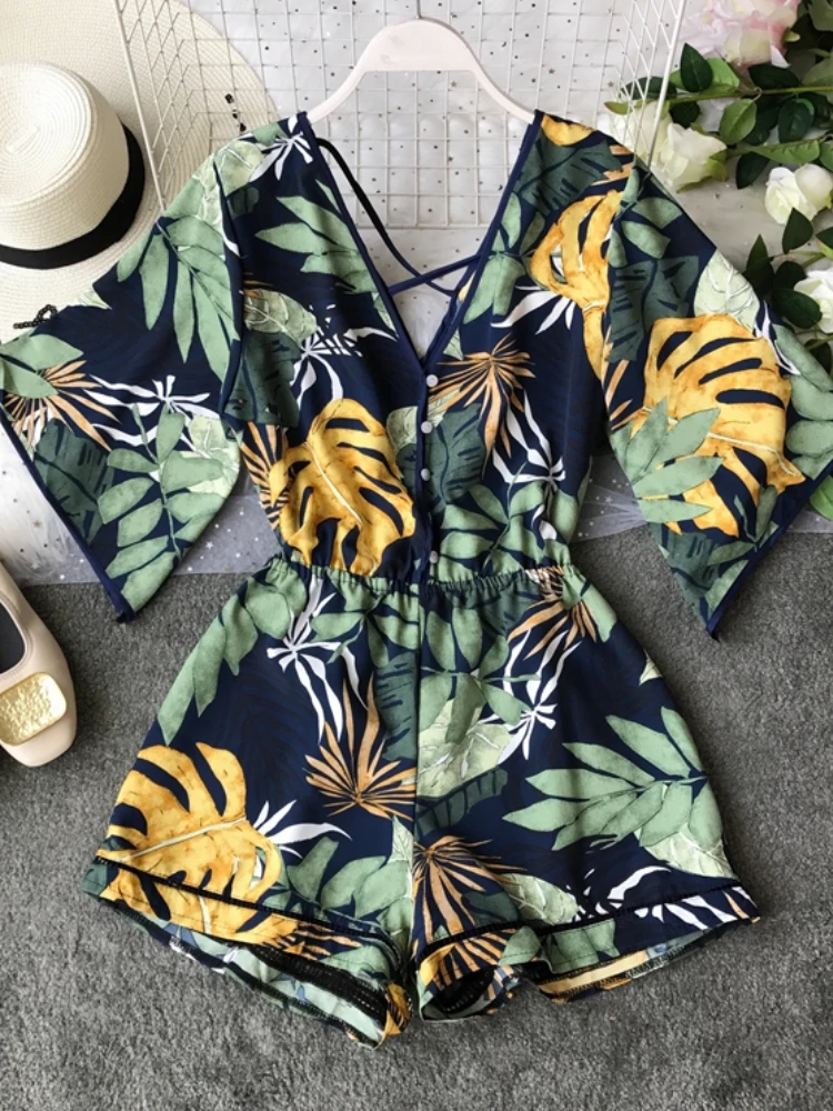 

Women Casual Floral Elegant Summer Playsuit Vintage Slim Sexy Beach Boho Holiday Jumpsuit Fashion Female Loose Overalls Clothing