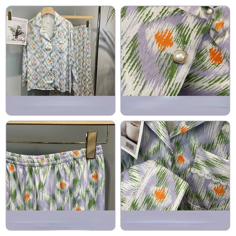 Women's 2 Piece Pajamas Sets Soft Cute Floral Pijama Faux Silk Satin Pyjamas Female Sleepwear Long Sleeve Shirt Trouser Homewear