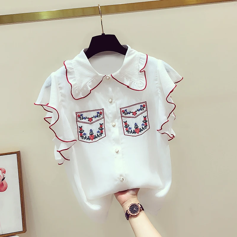 Vintage Flower Embroidery Women Shirts 2021 Summer New Turn-Down Collar Ruffles Lady Elegant Shirts Outwear Coat Tops enlarge