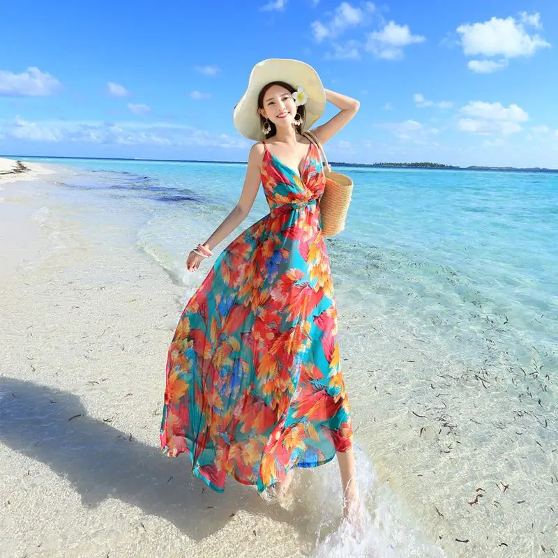 Vintage A Line Dress Women Fashion Spaghetti Strap Sleeveless Floral Print Beach Style Sundress V Neck 2023 Summer Vestidos M133
