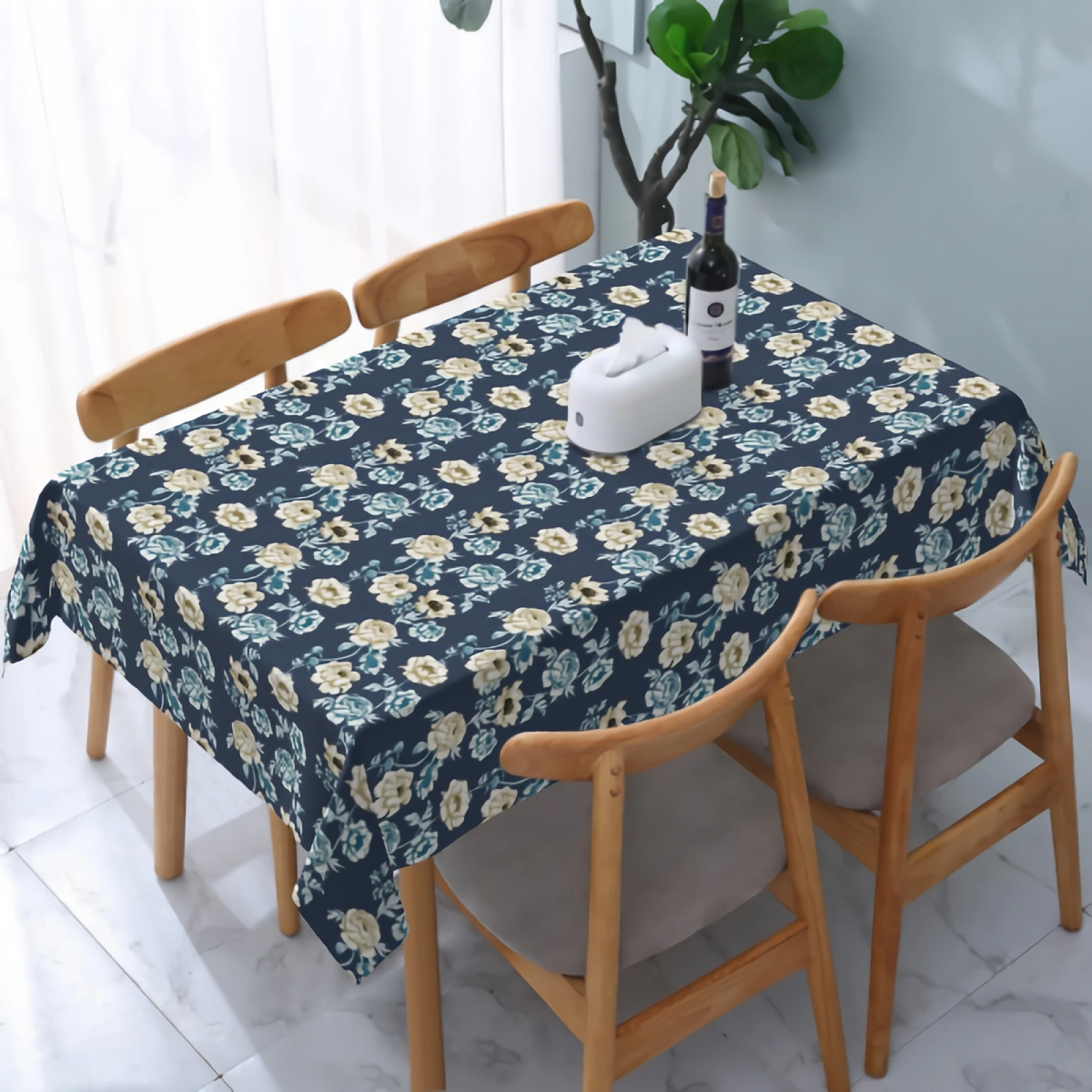 

Blue and Beige Flowers Tablecloth Washable Stain and Wrinkle Resistant Water-Proof Table Cloth for Dining Table Party Home Decor