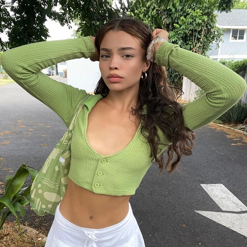 

Korean Solid Crewneck Casual Tshirts Autumn Chic Harajuku Sexy Cropped Top Long Sleeves Aesthetic Button Up Slim Tops