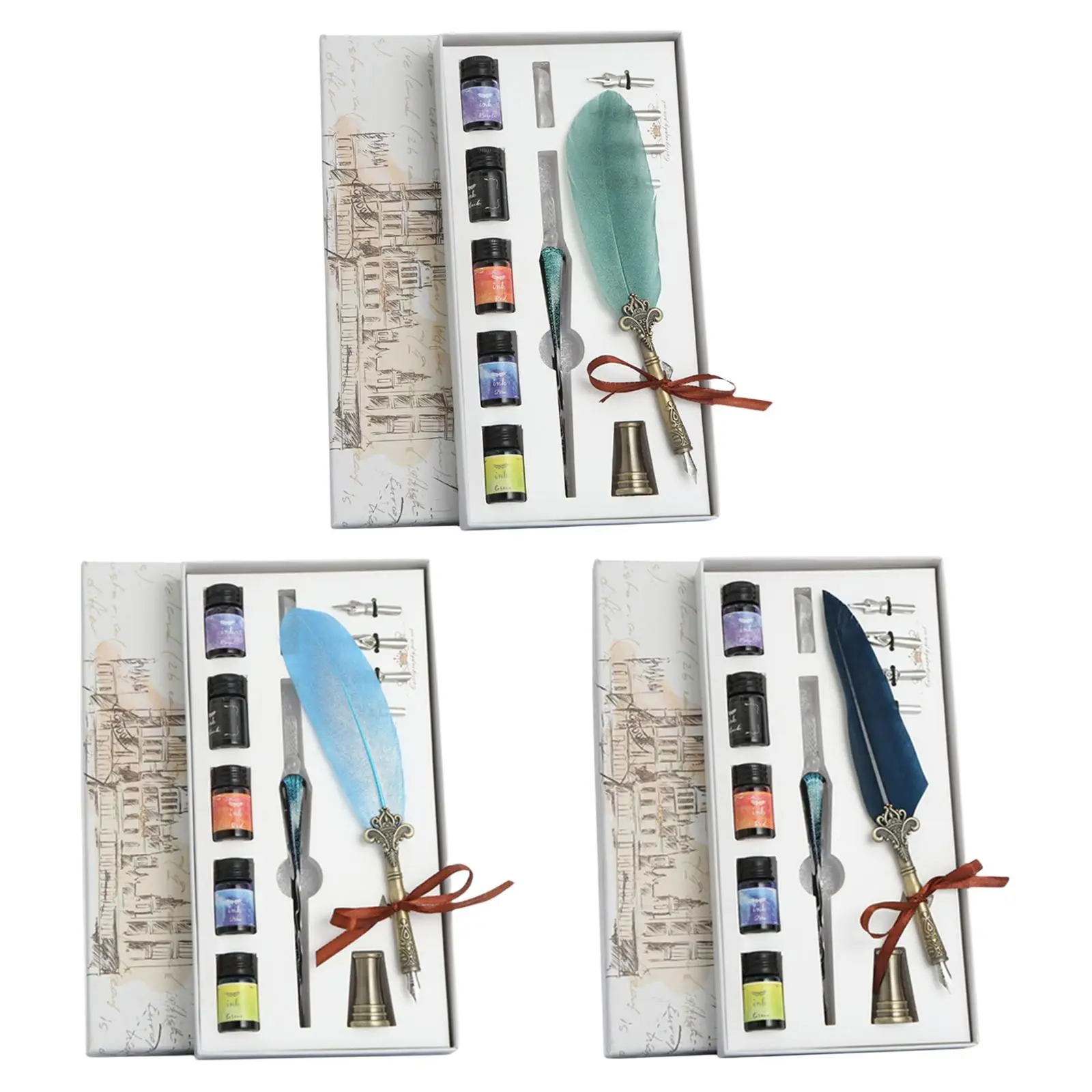 

School Vintage Feather Quill Dip Calligraphy Fountain Pen Writing Ink Set Stationery Gift Box