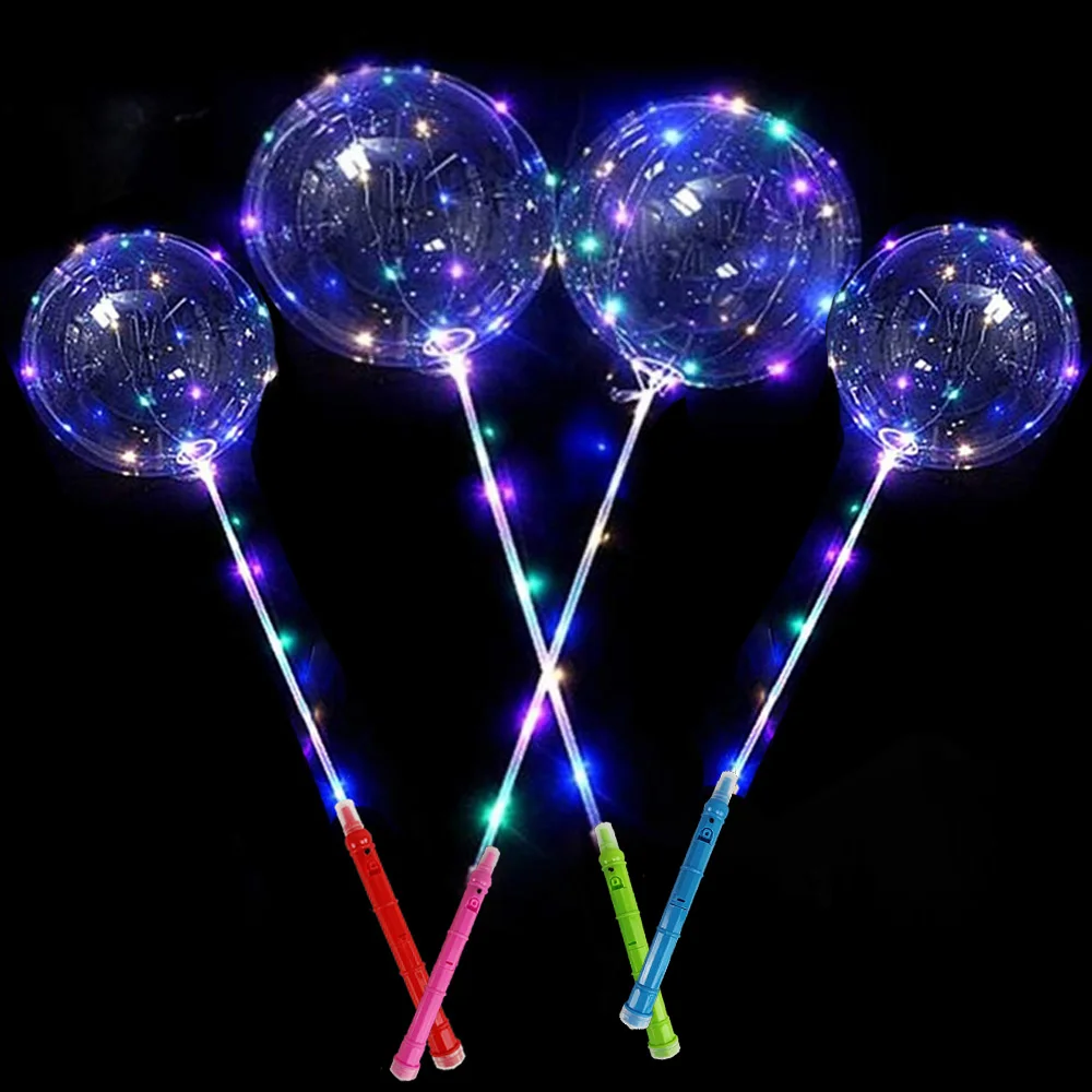 

15 Sets LED Light Up Bobo Balloons with 70cm Sticks Flashing Handles 20 Inches Bubble Bobo Balloons Birthday Wedding Decorations