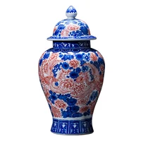 Free ship Jingdezhen porcelain antique vase blue and white glaze red general tank Chinese retro classic living room decorations