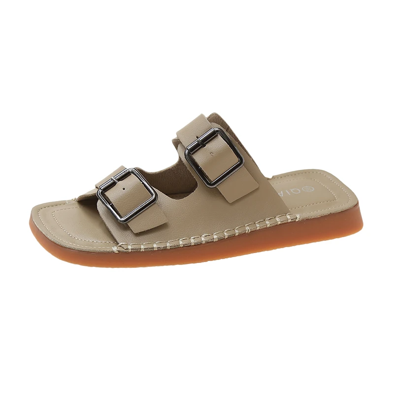 

2022 Spring New House Slippers Women Fashion Round Toe Black Flat Home Shoes Woman Casual Adjustable Buckle Khaki Indoor Slipper