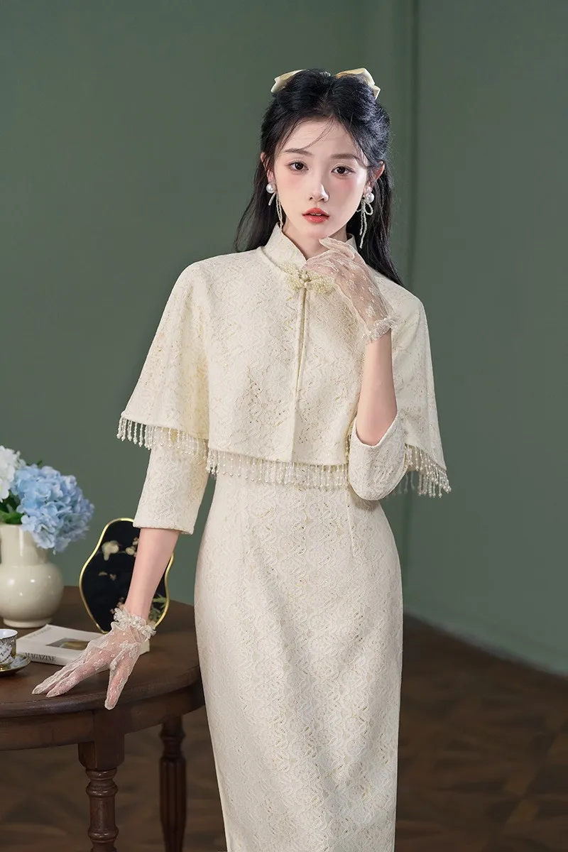 Женское облегающее платье-Ципао с белым кружевом новое китайское традиционное