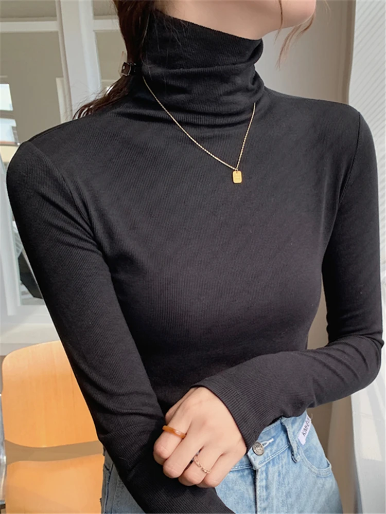 

Водолазка вязаная облегающая женская футболка Новинка 2022 Осенняя Минималистичная рубашка с длинным рукавом Базовая Трикотажная женская о...