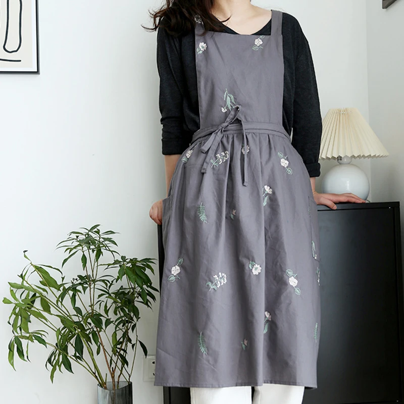 

Nordic Simple Florist Apron Embroidery Cotton Gardening Coffee shop kitchen Waterproof Apron For Cooking Baking Restaurant Apron