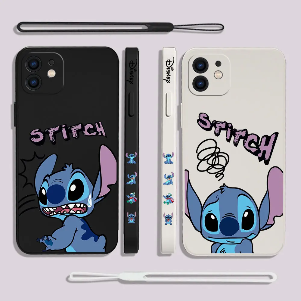 

Disney Stitch Sde Print Phone Case For iPhone 14 13 12 11 Pro Max Mini X XR XS MAX Plus 6 6S Plus Silicone Cases with Hand Strap