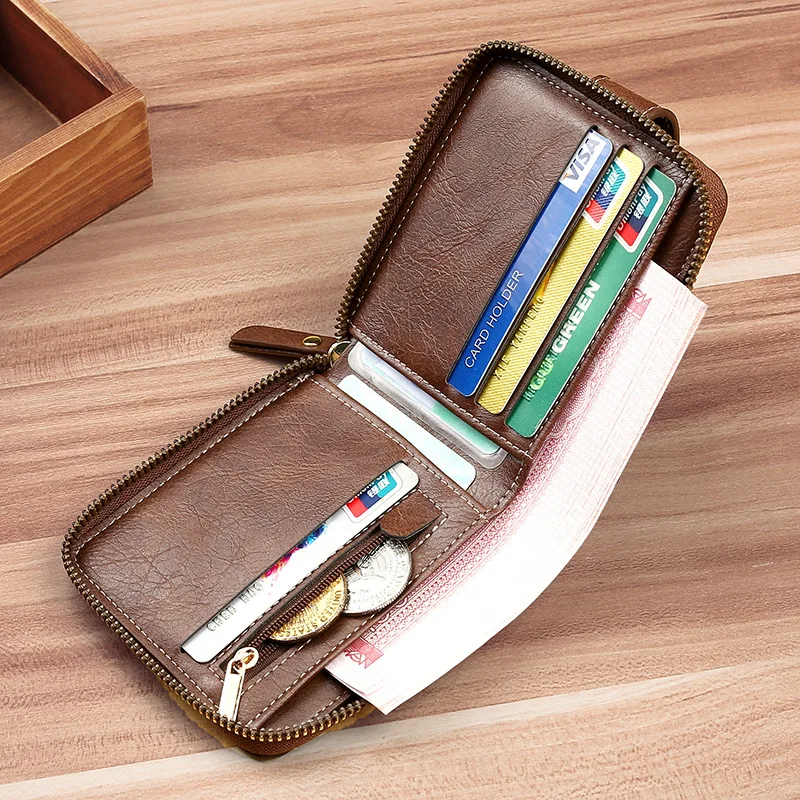 Men's Short Wallet European and American Retro Wallet Horizontal Zipper Buckle Bag Card Holder Men Purse Buckle Coin Wallet