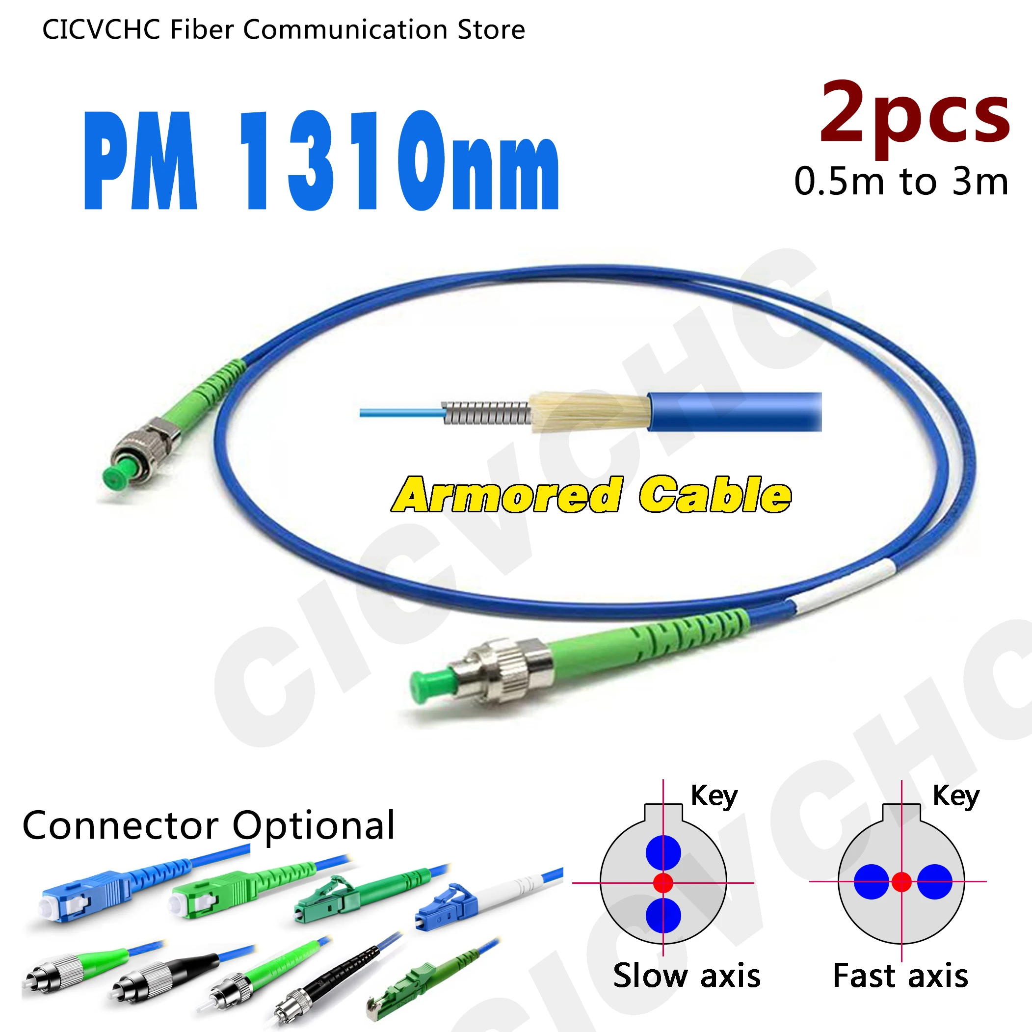 2pcs PM 1310nm Fiber Patchcord-SC, FC, LC, ST-Fast or Slow-3.0mm Armored Cable-Polarization Maintaining-Panda Fber-0.5m to 3m