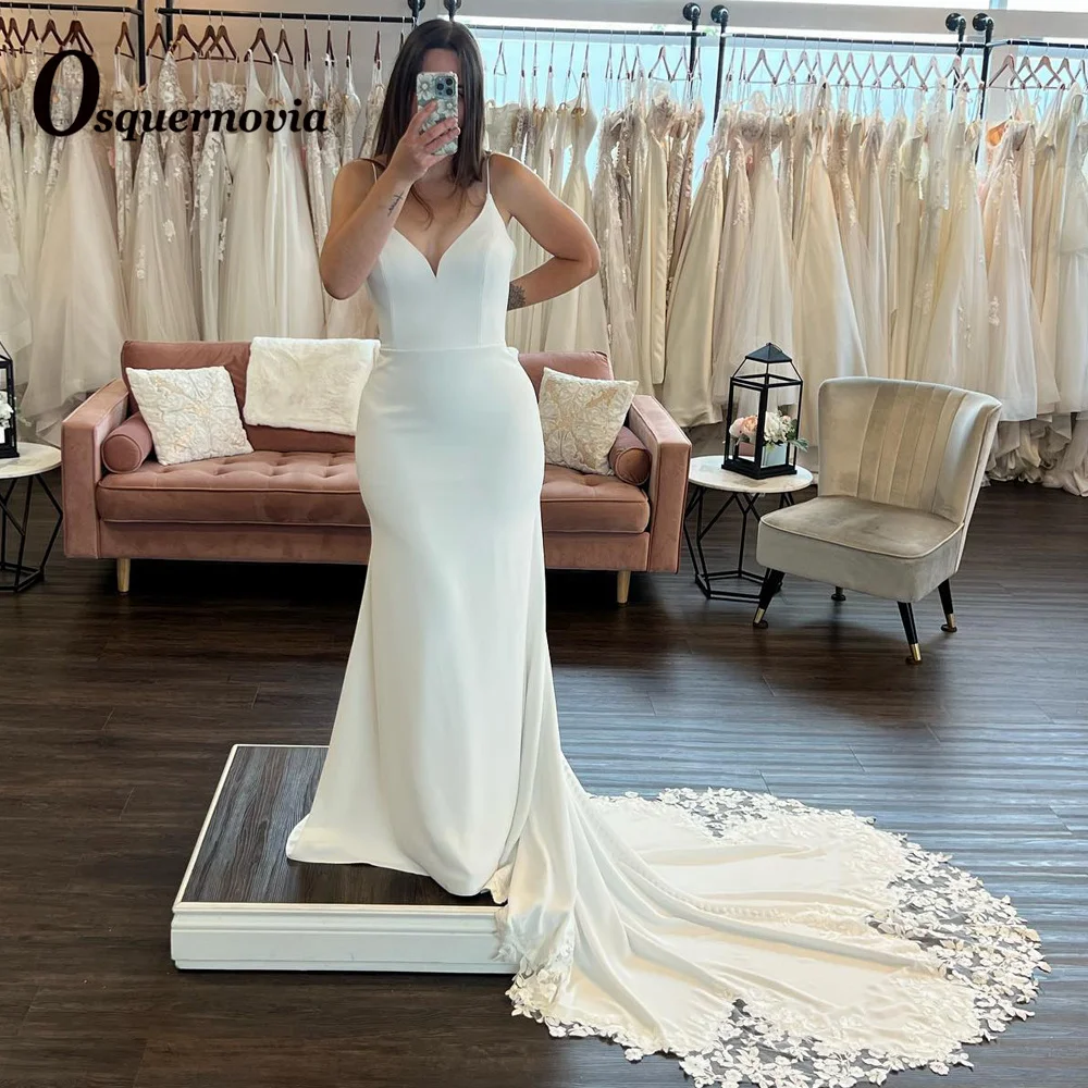 

Osquernovia Stylish Satin Wedding Dress For Women Mermaid Spaghetti Straps Appliques V-neck Backless Button 2023 Robe De Mariée