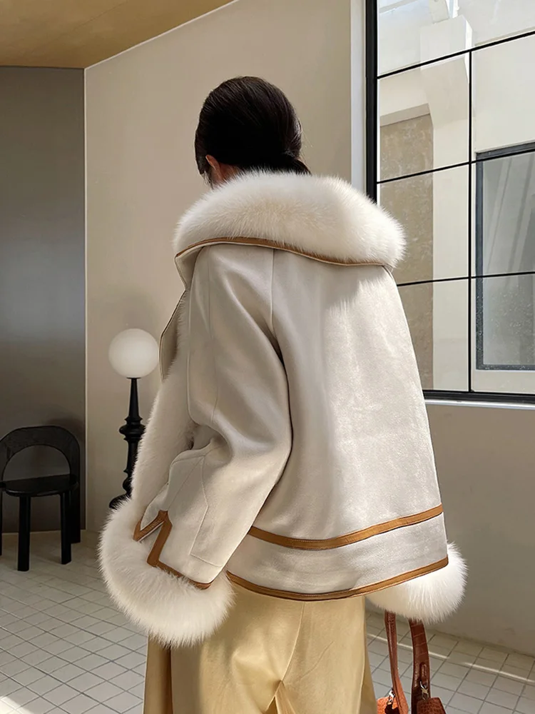 New Women Real Fur Coat Autumn Winter Fashion Goose Down Liner Fox Fur Suede Patchwork Double-faced Fur Jacket Loose Outerwear enlarge