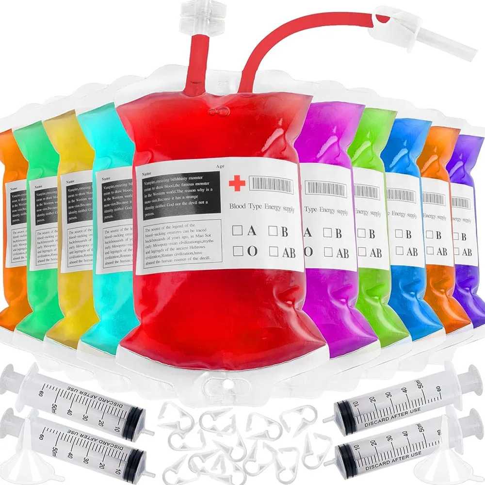 

Blood Bag Halloween Party Favors, 11.8 FL Oz IV Drink Pouches with 4 Syringe 2 Funnels, 60 Labels, Reusable Halloween Blood Bag