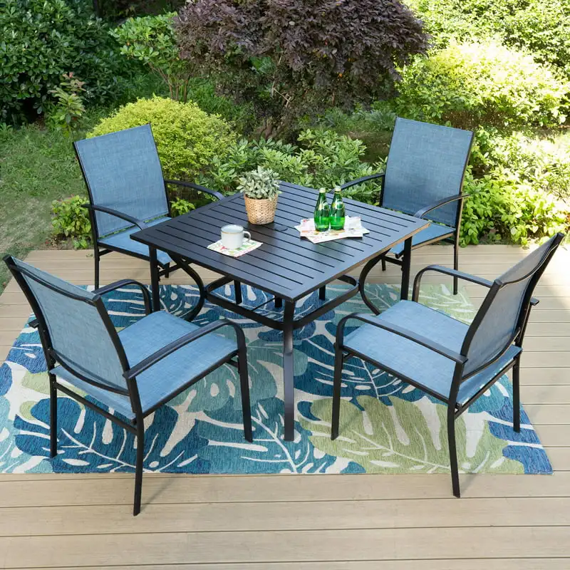 

Outdoor Dining Set with Square Steel Table& Chairs for 4-Person, Black&Blue