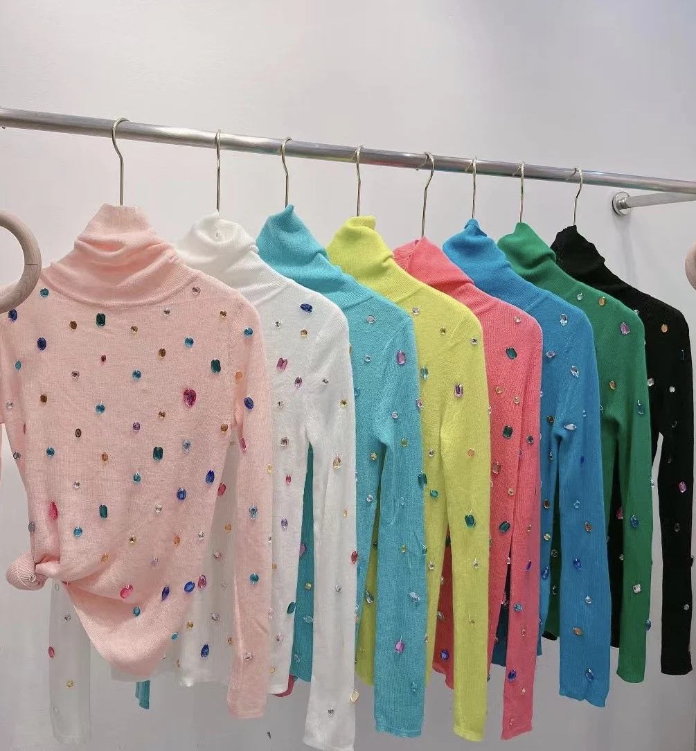 

Тяжелая промышленная цветная Бриллиантовая приталенная кофта с высоким воротником, женский милый розовый трикотажный топ, рубашка, свитер...