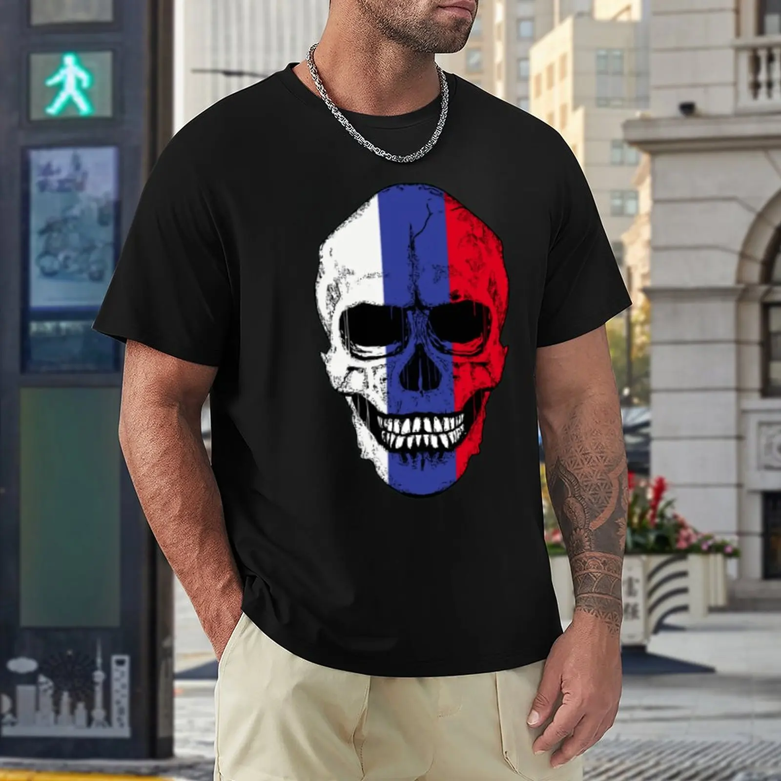 

Graphic Vintage Russia Flag Skull Russian Flag Human Skull Top Tee top Quality Fitness USA Size