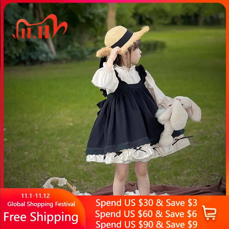 

2-10Y Baby Girls Lolita Clothing Toddler Kids Dress Baby Girls Party Strap Dress 2pcs Suit Suspender Gown Outfits Elegant Dress