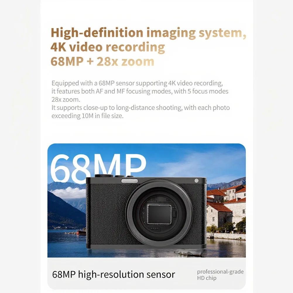 Фото Цифровая камера 4K с сенсором изображения 68 МП, 28-кратным зумом и поворотным экраном на 180 градусов для путешествий, фотографии и видеоблогинга №5