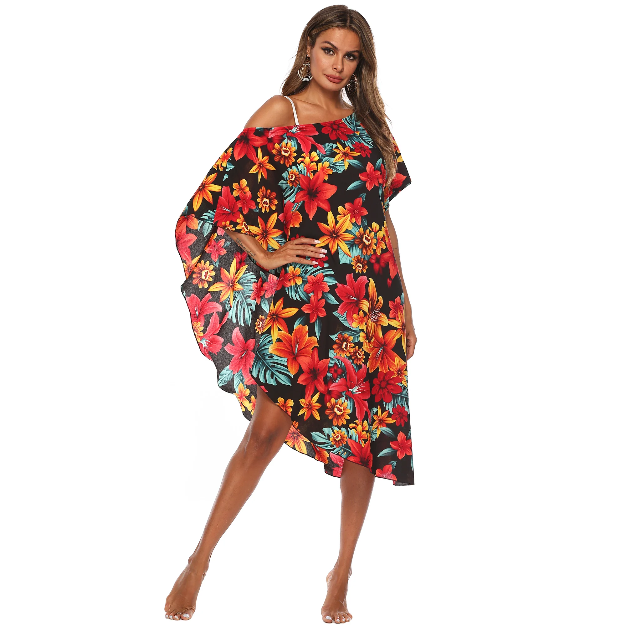 

2023 Summer Plant Print Irregular Off Shoulder One Line Neck Short Sleeve Loose Beach Bikini Cover Up for Women