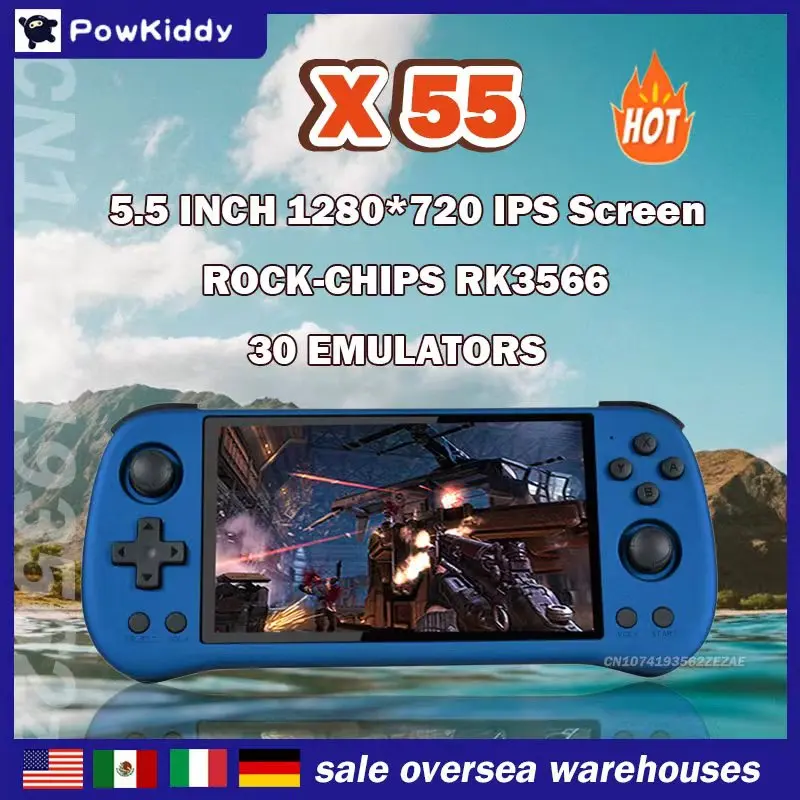 Best POWKIDDY X55 5.5 INCH 1280*720 IPS Screen RK3566 Handheld Game Console HDMI  Linux Open-Source Retro Console 30000 Games