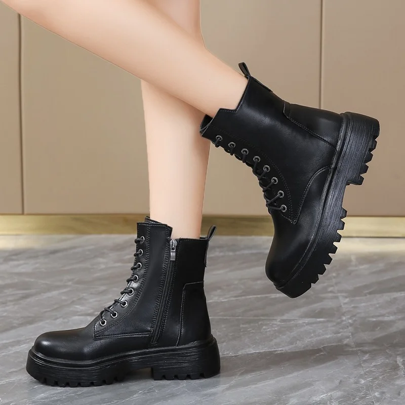 Women's Boots Lace-up Platform Ankle Boots Women Fashion Black Boots Plus Velvet Warm Snow Boots Winter Short Boots Women